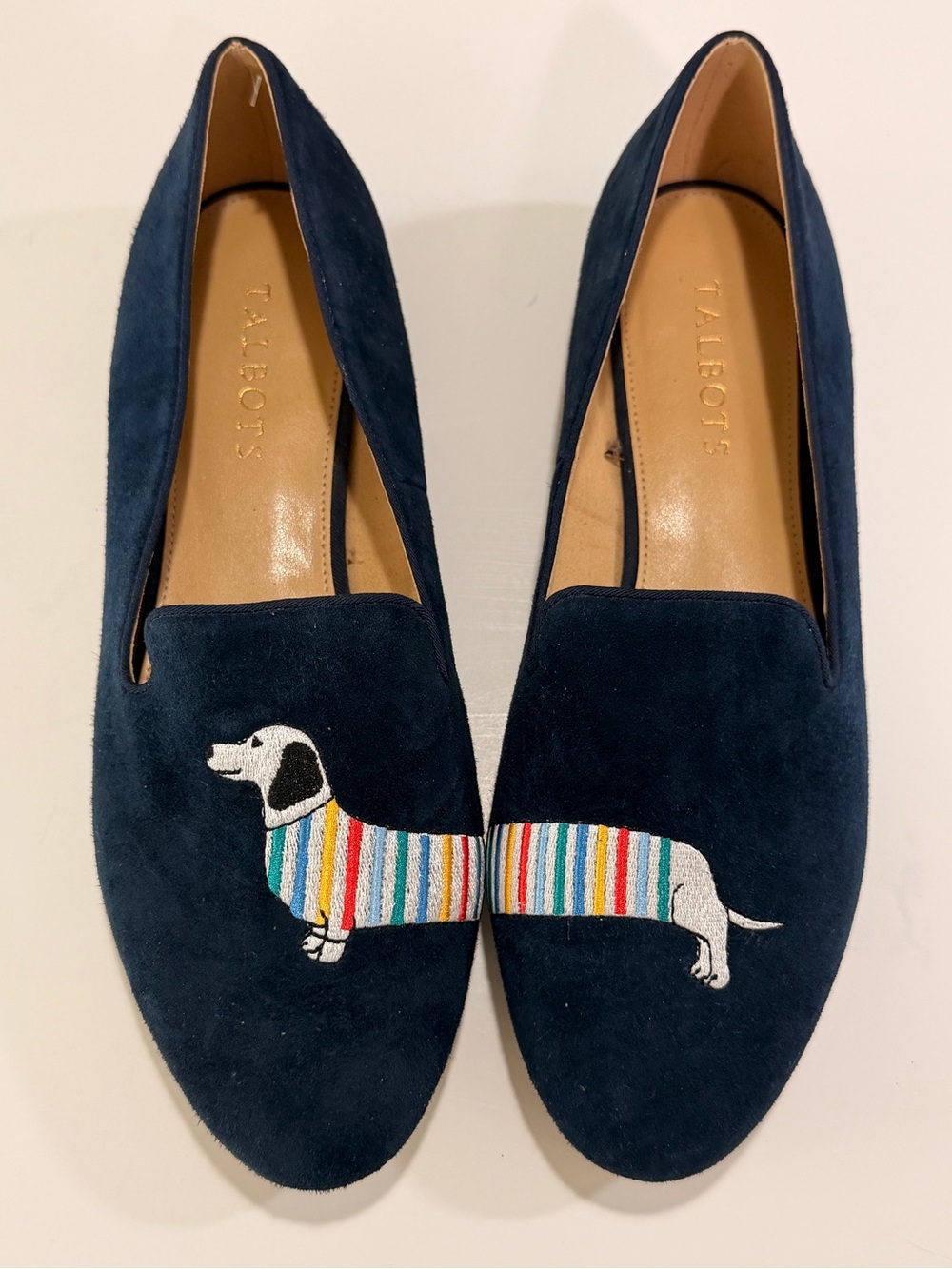 Talbots Embroidered Dachshund Dog Navy Blue Faux Suede Flats Loafers Sz 9